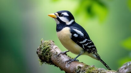 Obraz premium elegant bird with striking black-and-white feathers and a vibrant yellow beak perches gracefully, the softly blurred green background enhancing its dignity and beauty