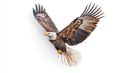 Obraz premium A majestic bald eagle soars through the sky, showcasing its powerful wings and striking features. A symbol of freedom and strength in nature.