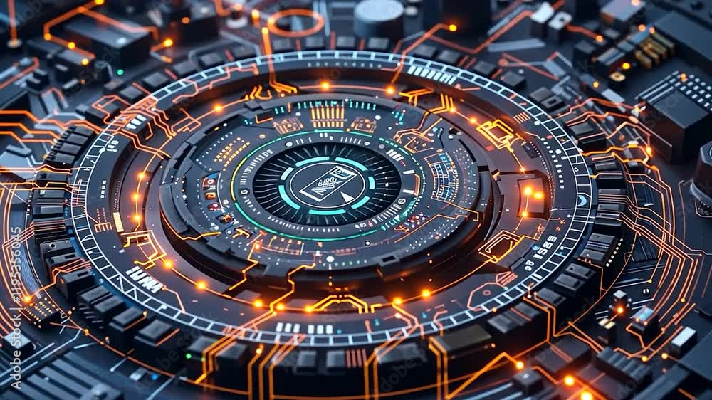 Poster futuristic circle circuit board design with neon elements and details.