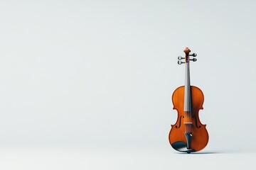 A classic violin stands alone against a minimalist white background.  The image is clean and simple, perfect for musical or artistic projects.