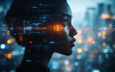 Woman's profile overlaid with digital code.