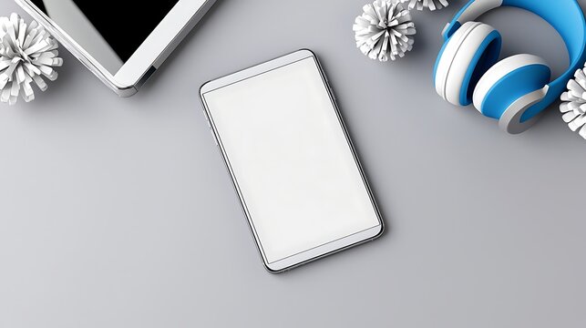 Modern Winter Smartphone Mockup with Headphones and Tablet - Powered by Adobe