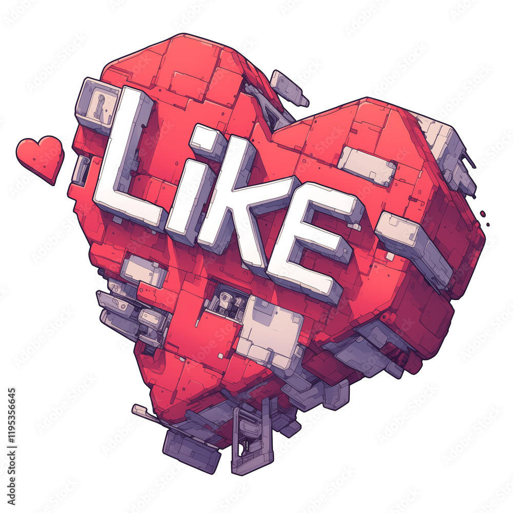 Poster red heart shaped Like icon with pixelated design, featuring 3D block structure and isolated on transparency background. design is creative and modern