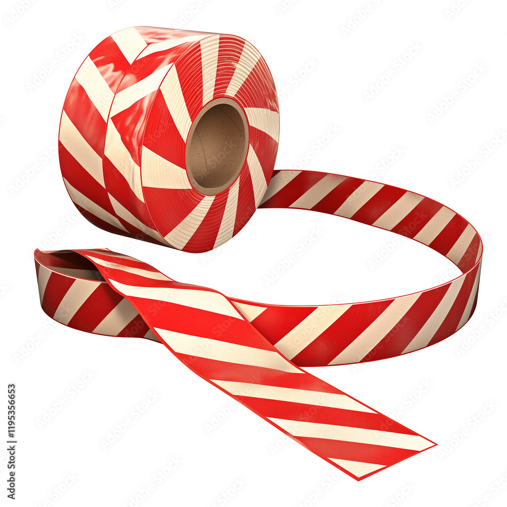 Poster roll of red and white striped barricade tape is isolated on transparency background, showcasing its 