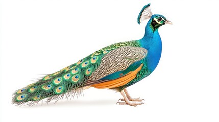 Naklejka premium A majestic peacock displays its vibrant feathers, showcasing a stunning array of colors. A symbol of beauty and elegance in nature, perfect for wildlife lovers.