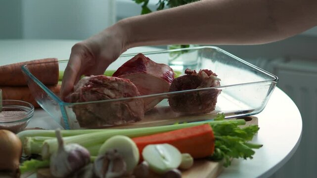 Bone broth. The cooking process and ingredients. Raw Marrow bone beef for making broth. Raw bones for cooking meat and bone broth, which is a source of natural collagen