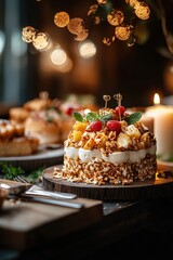 Naklejka premium An Elegant Dessert Table with a Delicious Cake Topped with Fresh Fruit and Nuts, Surrounded by Soft Lights and Other Tempting Treats, Perfect for Celebrating Special Occasions