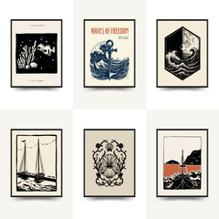 Underwater world, ocean, sea, fish and shells vertical flyer or poster template. Modern trendy Matisse minimal style. Hand drawn design for wallpaper, wall decor, print, postcard, cover, template.