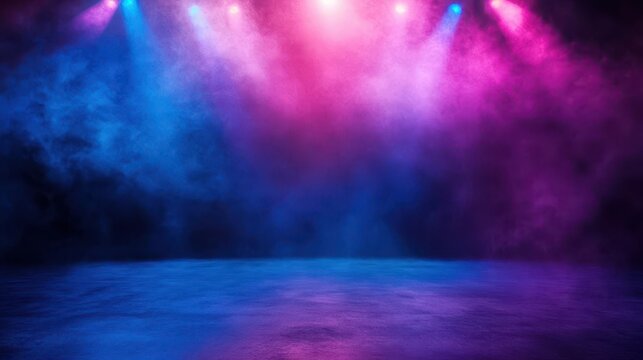 empty dark stage with a deep blue and purple gradient, highlighted by neon lights and smoke effects, creating an atmospheric setting for product displays or performances