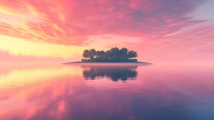 A vivid island at dawn with pink and orange skies reflecting over calm glassy waters