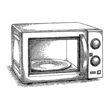 Microwave Oven Kitchen Appliance with Plate Detailed Black and White Outline Line Art Drawing