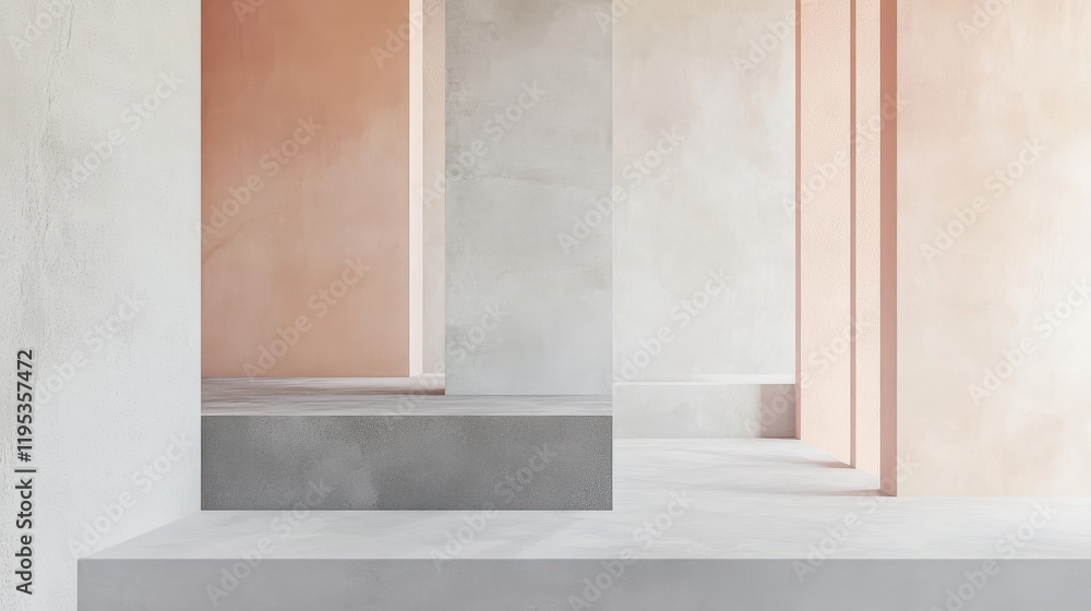Poster Soft peach and gray geometric forms create a harmonious interplay of light and shadow in an abstract space