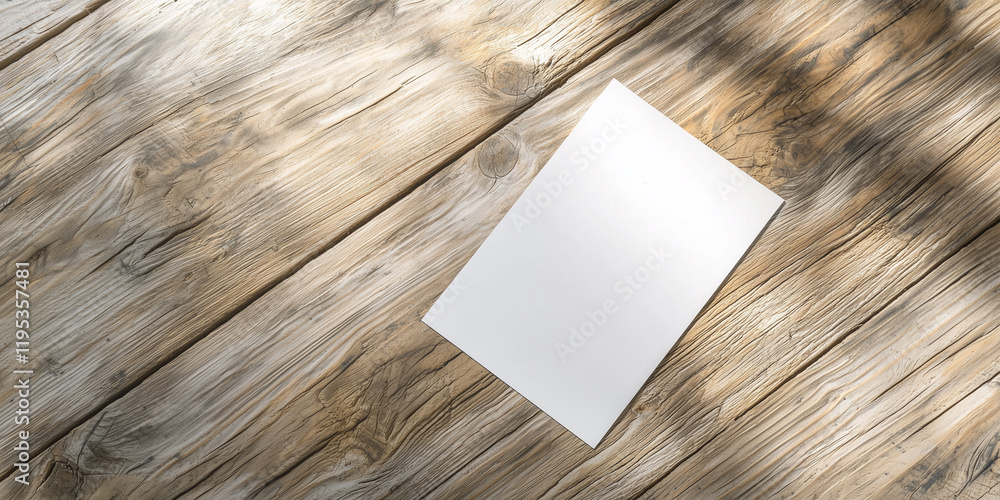 Aufkleber blank white flyer rests on textured wooden surface, illuminated by soft natural light, creating sere