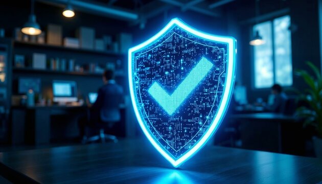 Glowing shield hologram with digital checkmark symbolizing protection and trust