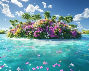 A vibrant tropical island covered in flowers and surrounded by sparkling turquoise waters