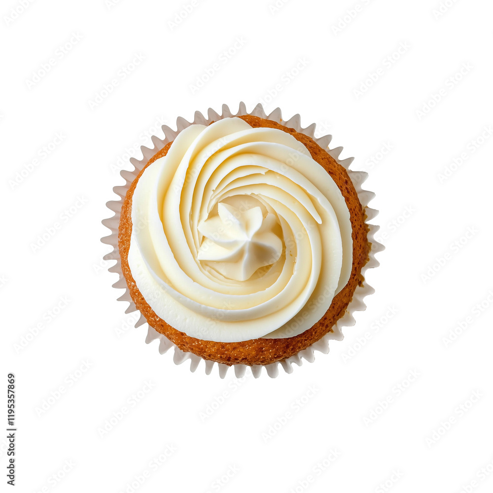 Leinwandbilder Top view of cupcake with swirled frosting on paper lined saucer, isolated on transparency background. cupcake features decorative icing pattern, creating appetizing and elegant appearance