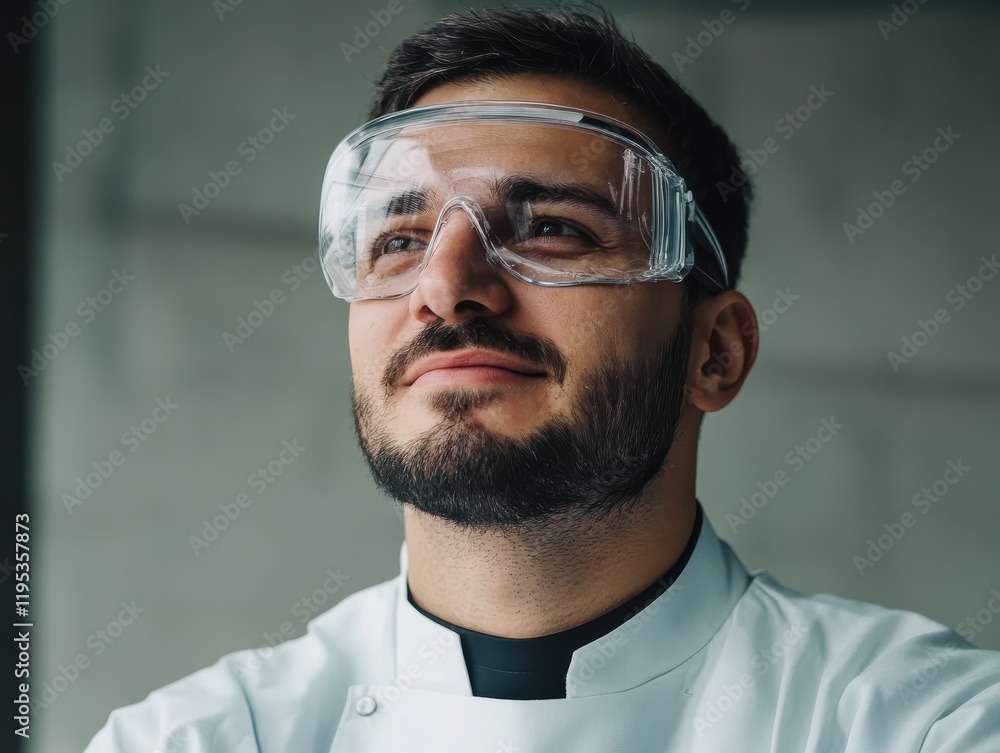 Aufkleber portrait of a scientist in a laboratory wearing protective eyewear and a lab coat, contemplating his