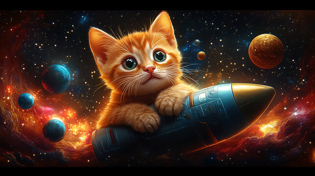 Playful orange tabby cat riding a cartoon-style rocket through the stars and planets - Powered by Adobe