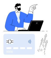 Businessman gestures while using laptop, with credit card and rising arrows below. Ideal for finance, commerce, payment technology, business growth, online transactions, digital banking, abstract