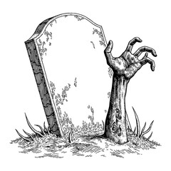 Tombstone with Rotten Zombie Hand Reaching Out Black and White Outline Line Art Drawing