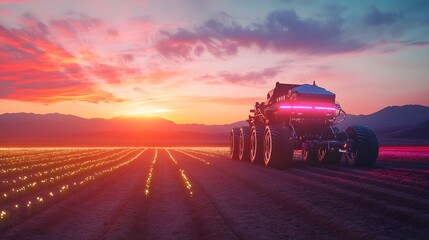An AI-powered autonomous farming machine planting seeds in perfect rows under a vibrant sunset on a futuristic farm.