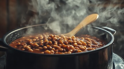 Slow cooker filled with hearty bean chili steam 