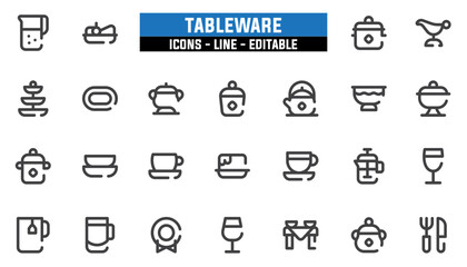 Set of 25 line icons tableware. Editable stroke. Vector illustration