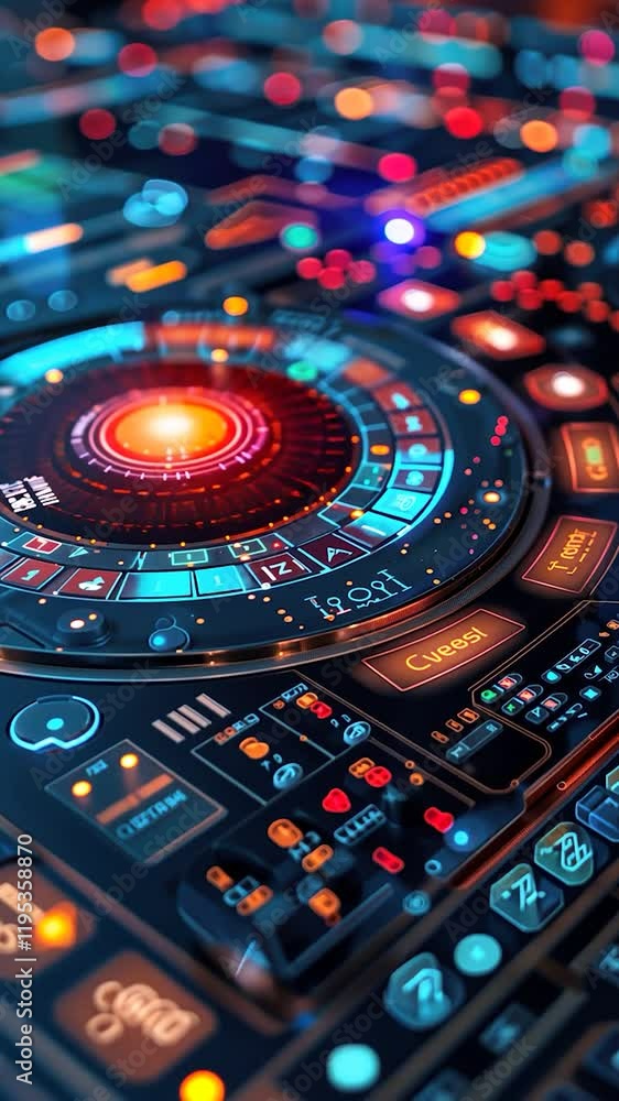 Poster futuristic interface with vibrant buttons and glowing designs.