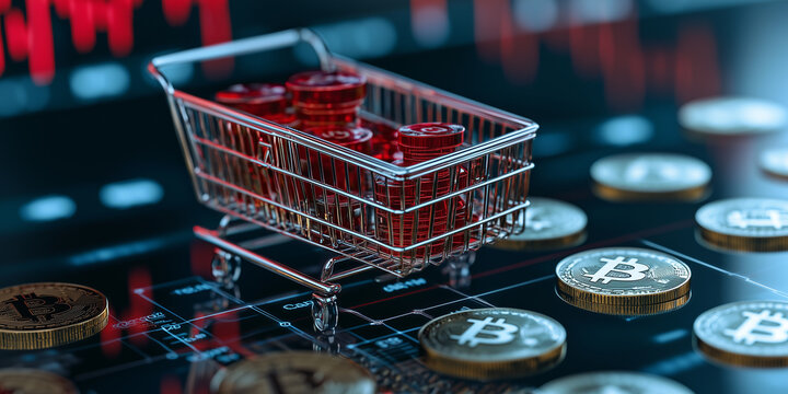 shopping cart filled with red coins sits on digital financial chart, surrounded by Bitcoin coins, symbolizing cryptocurrency trading and market analysis
