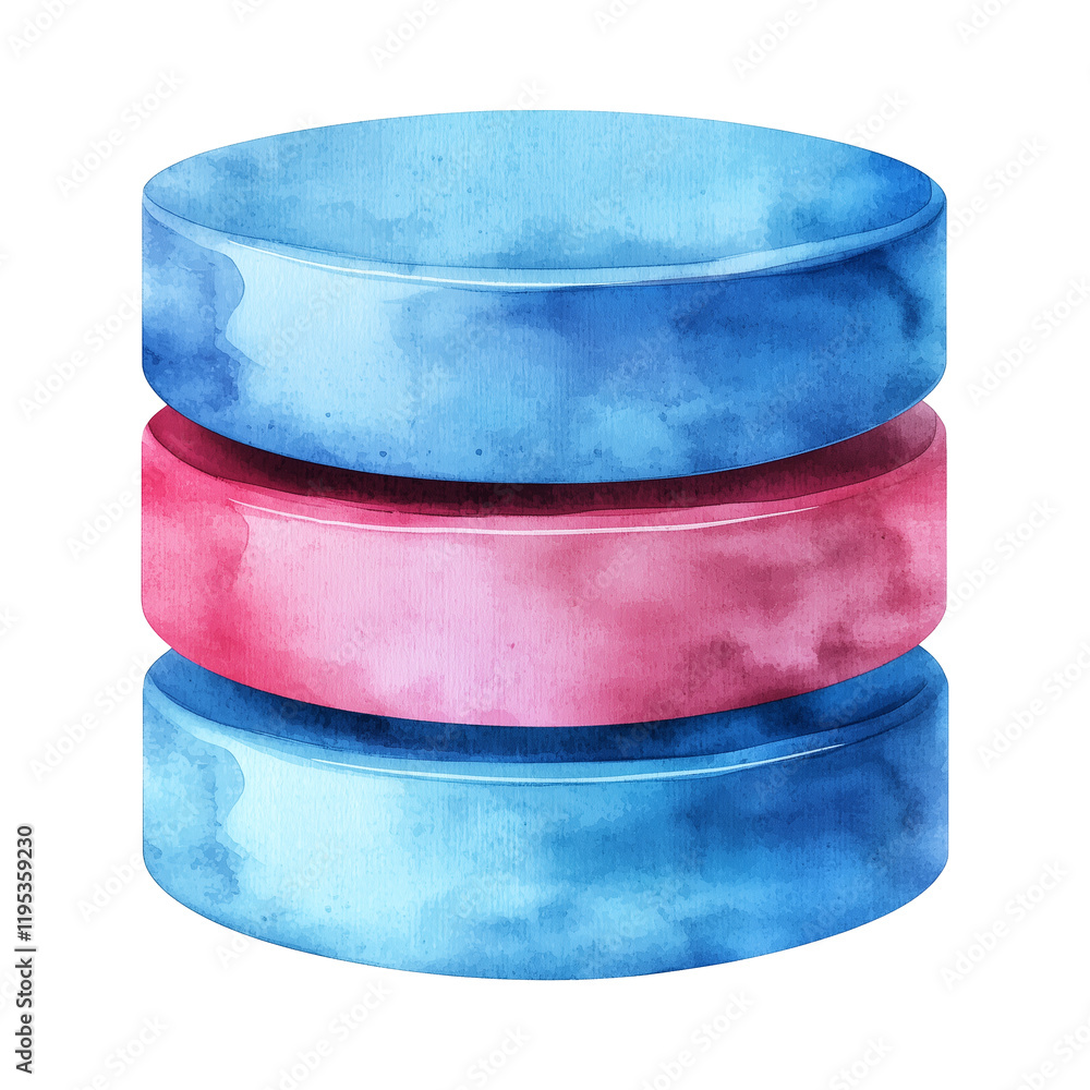 Poster watercolor illustration of database symbol featuring two blue disks and one red disk, isolated on tr