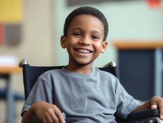 joyful boy in a wheelchair, smiling brightly in a classroom setting, embodying inclusion and accessibility in education, highlighting the importance of support and care