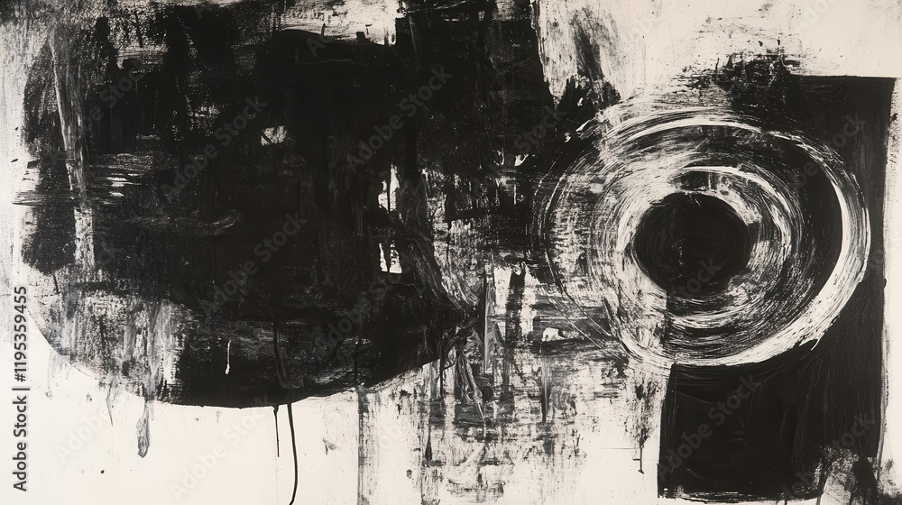 Poster fluid black and white abstract artwork showcasing swirling patterns and textures, creating a sense o