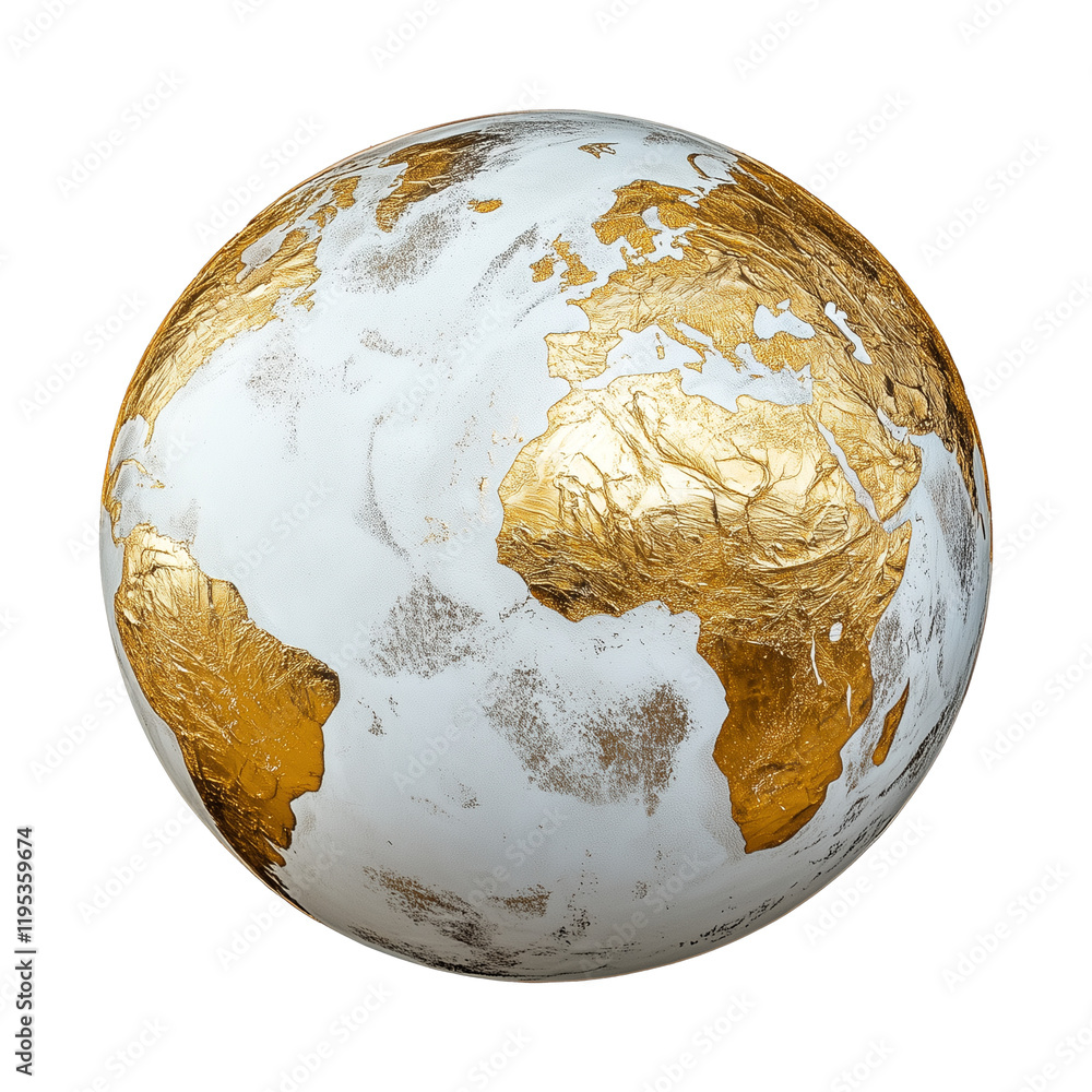 Poster white and gold globe with shimmering brush accents, showcasing continents in luxurious design. globe