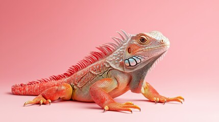 Fototapeta premium A vibrant iguana sits gracefully against a soft pink backdrop, showcasing its intricate scales and unique colors, perfect for wildlife enthusiasts.