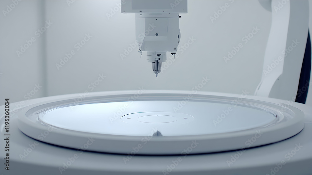 Poster high-tech precision robotic arm poised above a circular surface, ready for automated manufacturing o