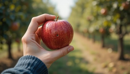 High-Resolution Close-Up of Hand Holding Freshly Picked Apple in Orchard