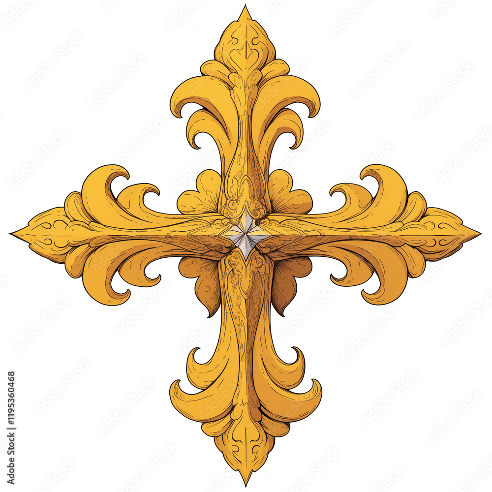 Poster ornate yellow cross mark with vintage design, featuring intricate patterns and central star, isolate