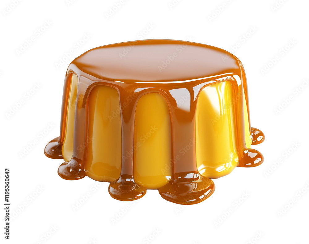 Poster smooth and glossy caramel flan with rich, golden hue is isolated on transparency background, showcas