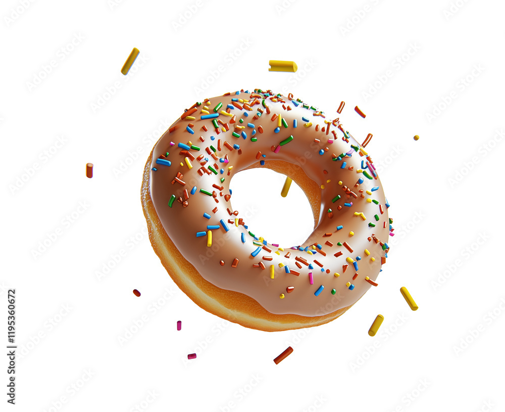Poster 3d cartoon doughnut with colorful sprinkles is isolated transparency background, showcasing playful 