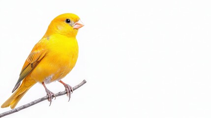 A vibrant yellow canary perched gracefully on a slender branch, showcasing its bright feathers and charming presence in a serene setting.