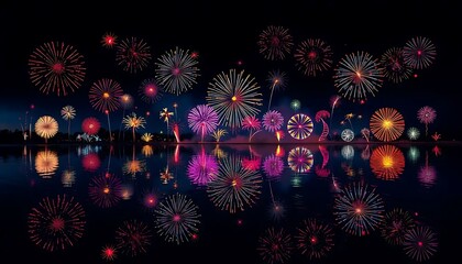 Night Sky Fireworks Display Over Water Reflection