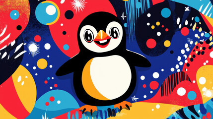Naklejka premium Colorful penguin illustration with joyful expression and vibrant background