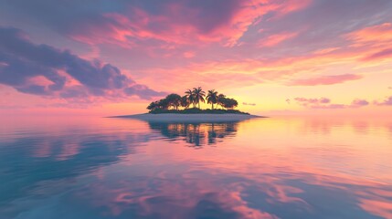 A vivid island at dawn with pink and orange skies reflecting over calm glassy waters