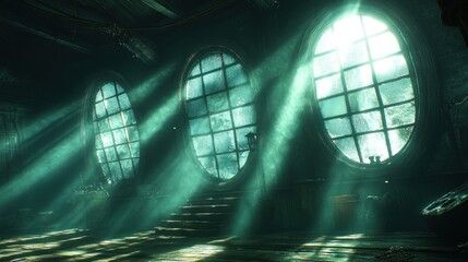 Naklejka premium Sunbeams illuminate a mysterious, underwater room.