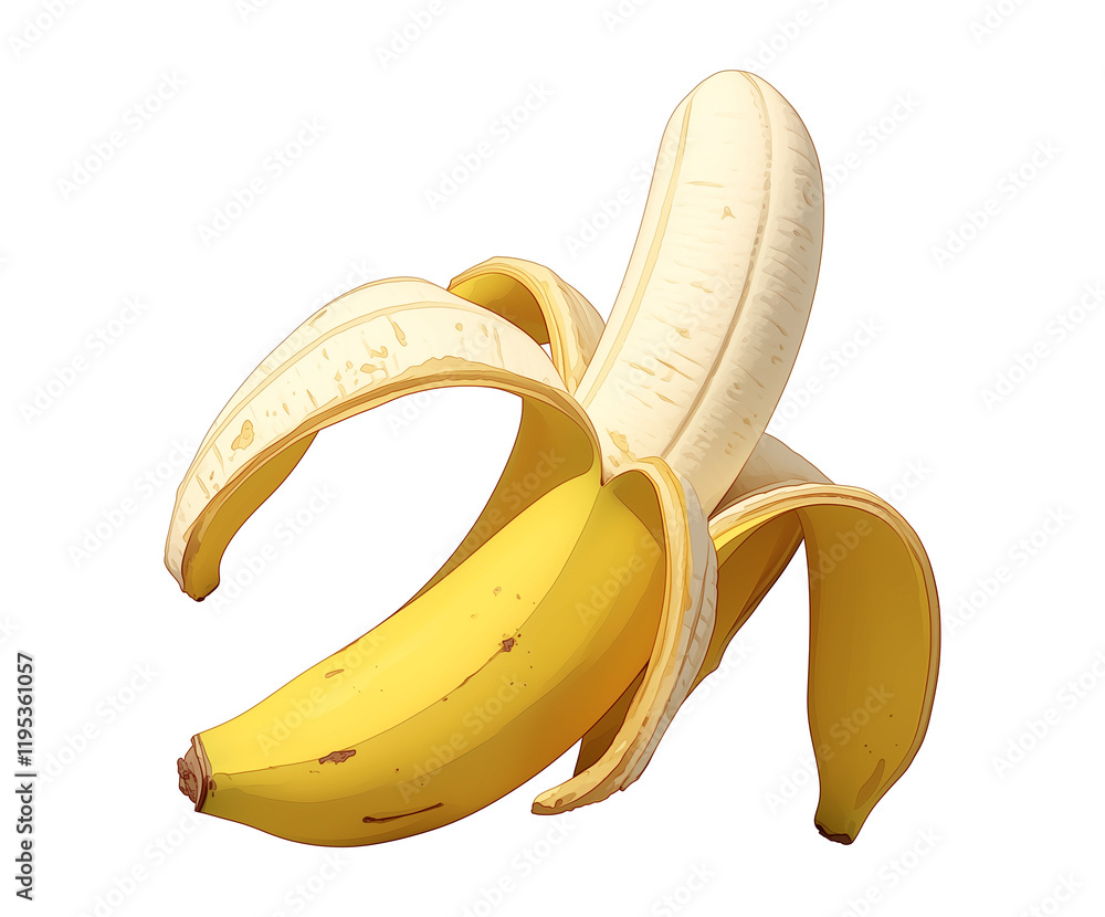 Poster peeled banana with vibrant yellow color and realistic texture is isolated on transparency background