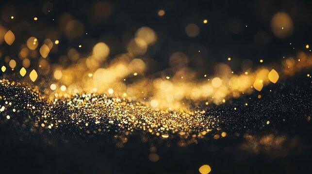 gold glitter sparkles on a rich black background, creating a luxurious and festive atmosphere with a sequin-like texture that captures attention