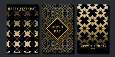 Obraz premium Set of luxury birthday cards on a black background. Modern gold and black design. Golden elegant geometric pattern, gold line on dark background. Premium design illustration for birthday party.