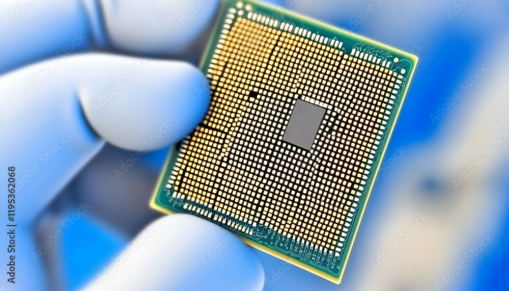 Poster close-up of a gloved hand holding a computer processor chip. high-tech, advanced technology, electro