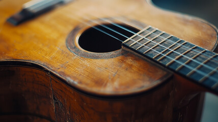 Fototapeta premium beautifully crafted wooden guitar with intricate details and warm, rich tone, showcasing its elegant design and craftsmanship. close up view highlights strings and body texture