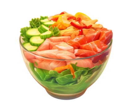 vibrant 3D cartoon tuna salad in glass bowl, featuring fresh vegetables like cucumbers, lettuce, and bell peppers, isolated on transparency background
